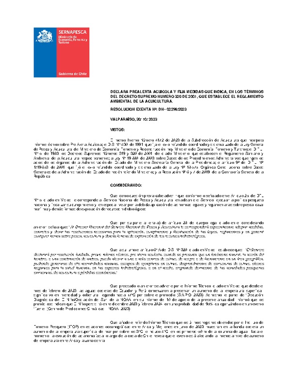 Resolución exenta N° DB - 02298-2023 Declara Prealerta Acuícola y Fija Medidas que Indica, en los Términos del decrero Supremo N° 320 de 2001, que Establece el Reglamento Ambiental de la Acuicultura. (Publicado en Página Web 08-11-2023)