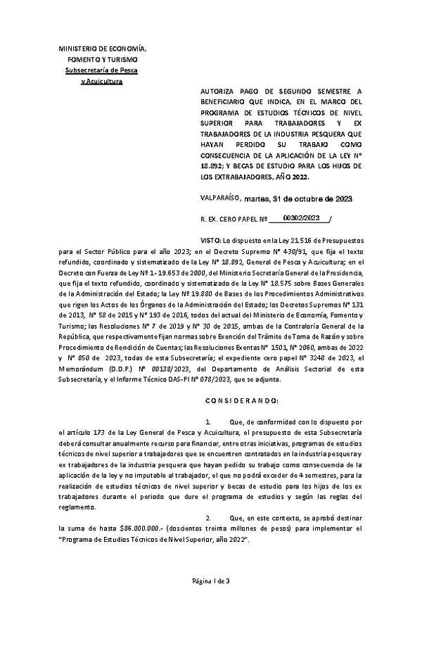 Res. Ex. CERO PAPEL N° 00302-2023 Autoriza pago de segundo semestre a beneficiario que indica, en el marco del programa que señala. (Publicado en Página Web 09-11-2023)