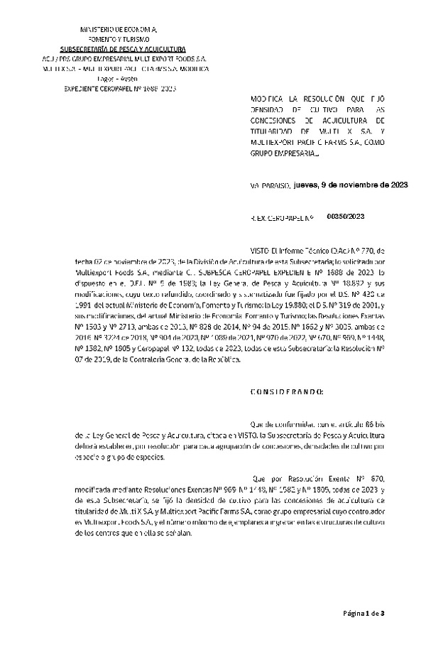 Res. Ex. N° CERO PAPEL 00350-2023 Modifica Res. Ex. N°0670-2023 Fija densidad de cultivo para las concesiones de Acuicultura de Titularidad de Multi X S.A. y Multiexport Pacific Farms S.A., como grupo empresarial. Aprueba programa de manejo que indica. (Con informe Técnico) (Publicado en Página Web 10-11-2023)