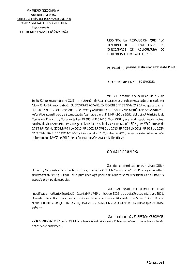 Res. Ex. CERO PAPEL N° 0351-2023 Modifica Res. Ex. N° 1439-2023 Fija densidad de cultivo para las concesiones de titularidad de Mowi Chile S.A. (Con informe técnico) (Publicado en Página Web 10-11-2023)