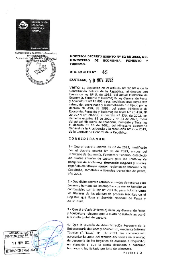 Dec. Ex. N° 45-2023 Modifica Dec. Ex. N° 62-2022 Establece Cuota de Captura de Unidades de Pesquería de Anchoveta y Sardina Española Atacama-Coquimbo Sometidas a Licencias Transables de Pesca, Año 2023. (Publicado en Página Web 10-11-2023)