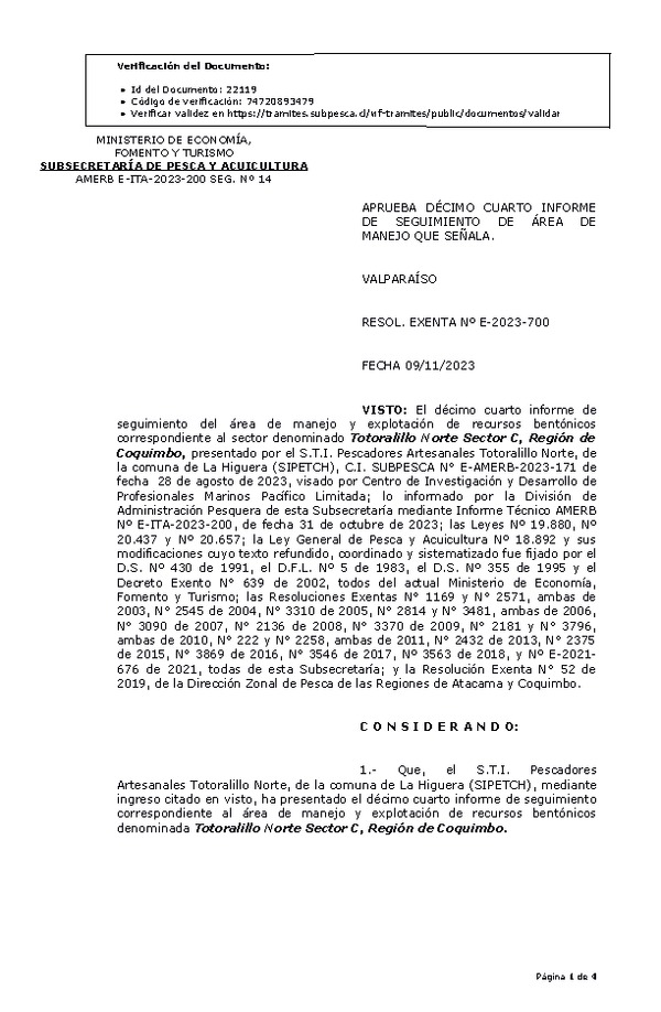 RESOL. EXENTA Nº E-2023-700 Aprueba 14° seguimiento. (Publicado en Página Web 13-11-2023)