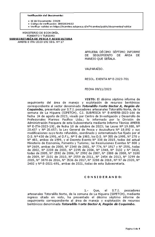 RESOL. EXENTA Nº E-2023-701 Aprueba 17° seguimiento. (Publicado en Página Web 13-11-2023)