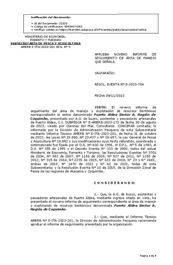 RESOL. EXENTA Nº E-2023-704 Aprueba 9° seguimiento. (Publicado en Página Web 13-11-2023)