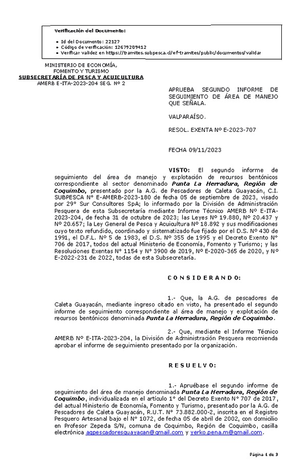 RESOL. EXENTA Nº E-2023-707 Aprueba 2° seguimiento. (Publicado en Página Web 13-11-2023)