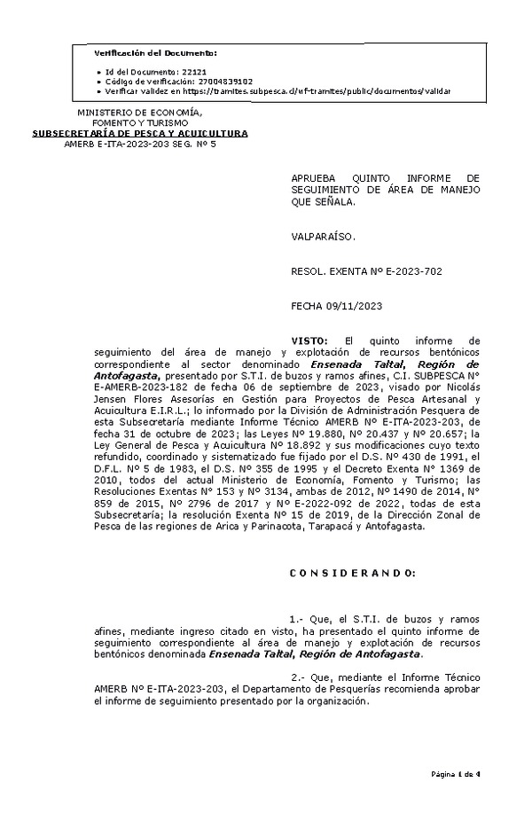 RESOL. EXENTA Nº E-2023-702 Aprueba 5° seguimiento. (Publicado en Página Web 13-11-2023)