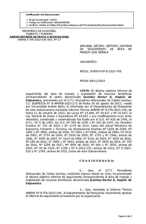 RESOL. EXENTA Nº E-2023-705 Aprueba 17° seguimiento. (Publicado en Página Web 13-11-2023)