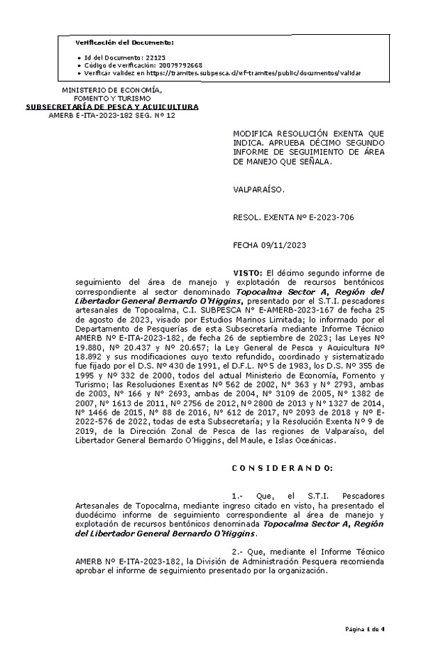 RESOL. EXENTA Nº E-2023-706 Modifica resolución que indica, Aprueba 12° seguimiento. (Publicado en Página Web 13-11-2023)