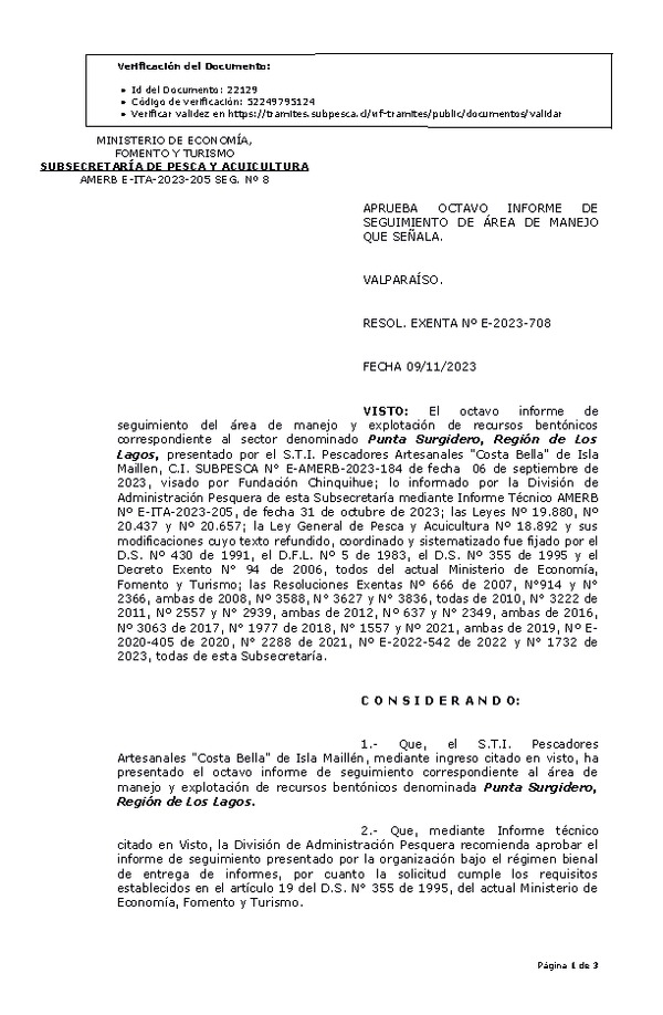 RESOL. EXENTA Nº E-2023-708 Aprueba 8° seguimiento. (Publicado en Página Web 13-11-2023)