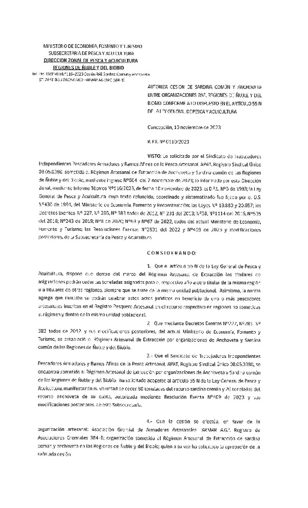 Res. Ex. N° 110-2023 (DZP Ñuble y del Biobío) Autoriza cesión Sardina común y Anchoveta. (Publicado en Página Web 13-11-2023)