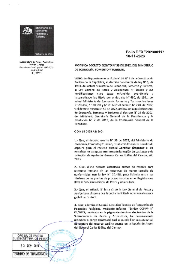 Dec. Ex. Folio N° 202300117 Modifica Dec. Ex. N° 59-2022 Establece Cuotas Anuales de Captura para el Recurso Sardina Austral en las Aguas Interiores Regiones de Los Lagos y Aysén, Año 2023. (Publicado en Página Web 13-11-2023)