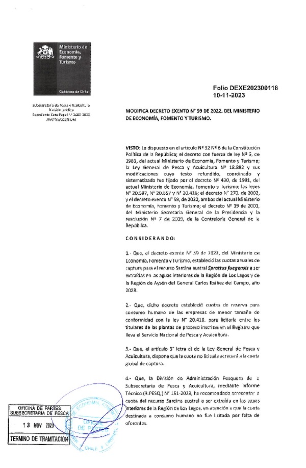 Dec. Ex. Folio N° 202300118 Modifica Dec. Ex. N° 59-2022 Establece Cuotas Anuales de Captura para el Recurso Sardina Austral en las Aguas Interiores Regiones de Los Lagos y Aysén, Año 2023. (Publicado en Página Web 13-11-2023)