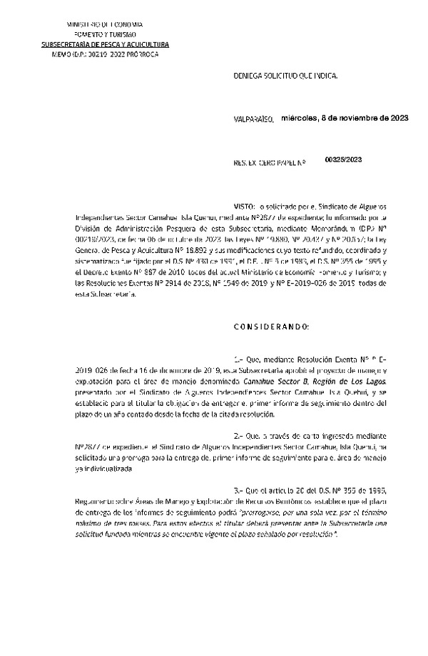 Res. Ex. CERO PAPEL N° 00325-2023 Deniega solicitud que indica. (Publicado en Página Web 13-11-2023)