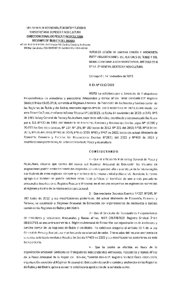 Res. Ex. N° 112-2023 (DZP Ñuble y del Biobío) Autoriza cesión Sardina común y Anchoveta. (Publicado en Página Web 15-11-2023)