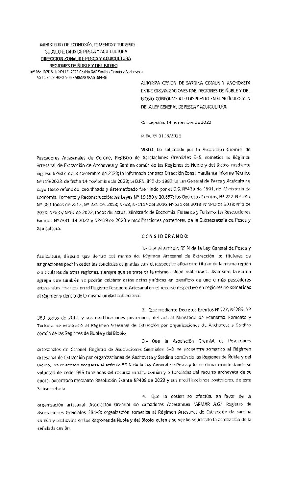 Res. Ex. N° 113-2023 (DZP Ñuble y del Biobío) Autoriza cesión Sardina común y Anchoveta. (Publicado en Página Web 15-11-2023)
