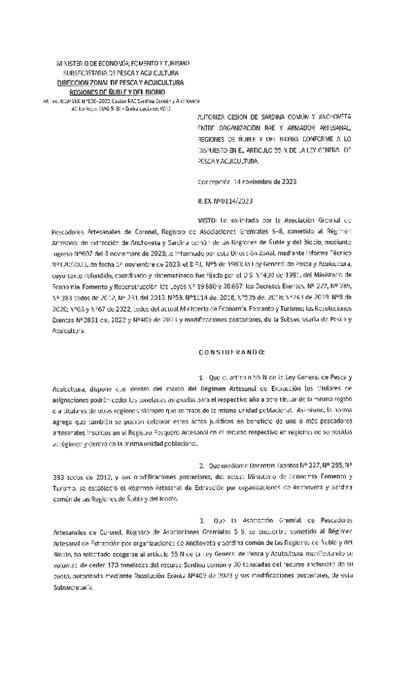 Res. Ex. N° 114-2023 (DZP Ñuble y del Biobío) Autoriza cesión Sardina común y Anchoveta. (Publicado en Página Web 15-11-2023)