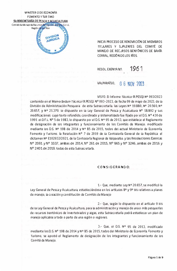 Res. Ex. N° 1961-2023 Inicia Proceso de Renovación de Miembros Titulares y Suplentes del Comité de Manejo de Recursos Bentónicos de Bahía Corral, Región de Los Ríos. (Publicado en Página Web 09-11-2023)