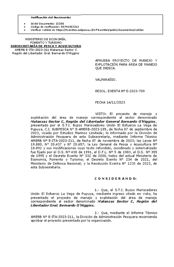 RESOL. EXENTA Nº E-2023-709 Aprueba Plan de Manejo. (Publicado en Página Web 17-11-2023)