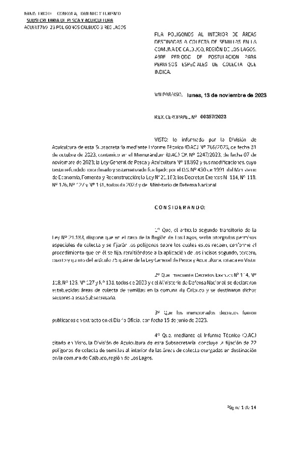 Res. Ex. CERO PAPEL N° 00357-2023 Fija Polígonos al Interior de Área Destinadas a Colecta de Semillas en la Comuna de Calbuco, Región de Los Lagos, Abre Período de Postulación para Permisos Especiales de Colecta que Indica. (Publicado en Página Web 21-11-2023)