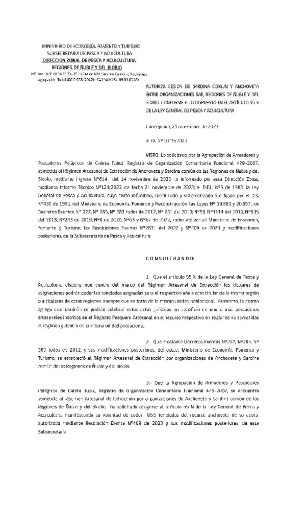 Res. Ex. N° 115-2023 (DZP Ñuble y del Biobío) Autoriza cesión Sardina común y Anchoveta. (Publicado en Página Web 22-11-2023)
