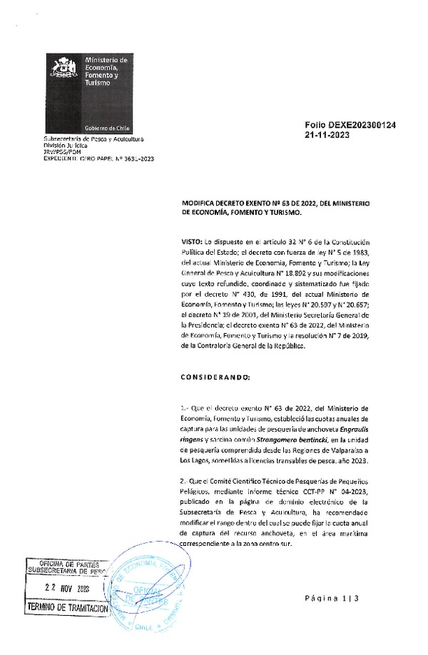 Dec. Ex. Folio N° 202300124 Modifica Dec. Ex. N° 63-2022 Establece Cuotas Anuales de Captura de Pesquería de Anchoveta y Sardina Común, Valparaíso - Los Lagos Sometidas a Licencias Transables de Pesca, Año 2023. (Publicado en Página Web 22-11-2022)