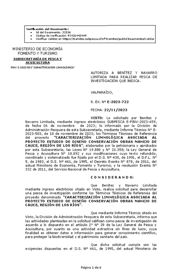 R. EX. Nº E-2023-722 AUTORIZA A BENÍTEZ Y NAVARRO LIMITADA PARA REALIZAR PESCA DE INVESTIGACIÓN QUE INDICA. (Publicado en Página Web 23-11-2023)