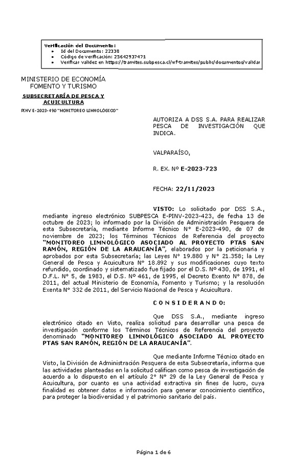 R. EX. Nº E-2023-723 AUTORIZA A DSS S.A. PARA REALIZAR PESCA DE INVESTIGACIÓN QUE INDICA. (Publicado en Página Web 23-11-2023)