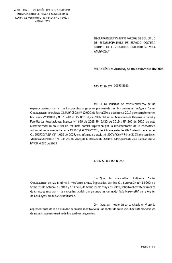Res. Ex. N° 00377-2023 Declara desistimiento parcial de solicitud de establecimiento de ECMPO Isla Marimelli. (Publicado en Página Web 23-11-2023)