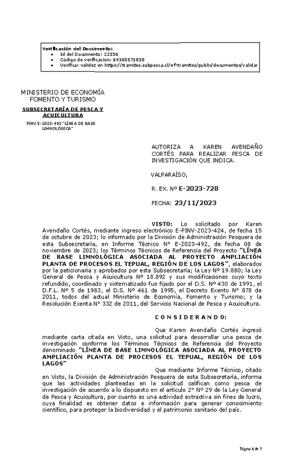 R. EX. Nº E-2023-728 AUTORIZA A KAREN AVENDAÑO CORTÉS PARA REALIZAR PESCA DE INVESTIGACIÓN QUE INDICA. (Publicado en Página Web 24-11-2023)