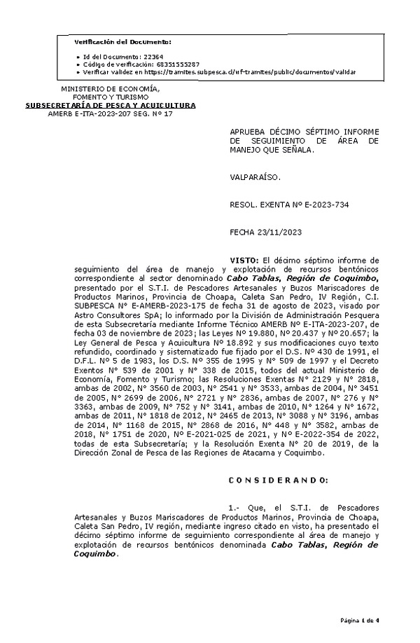 RESOL. EXENTA Nº E-2023-734 Aprueba 17° seguimiento. (Publicado en Página Web 24-11-2023)