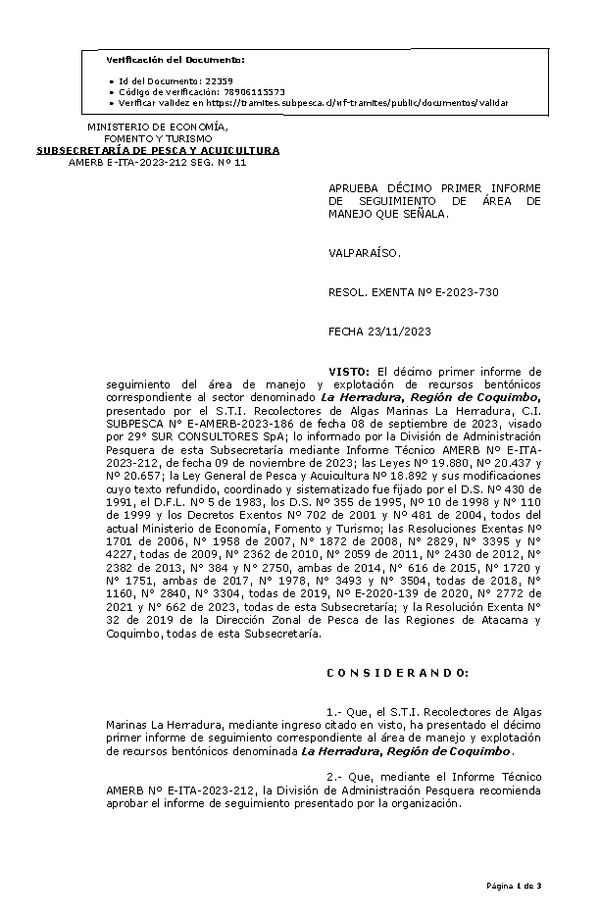 RESOL. EXENTA Nº E-2023-730 Aprueba 11° seguimiento. (Publicado en Página Web 24-11-2023)