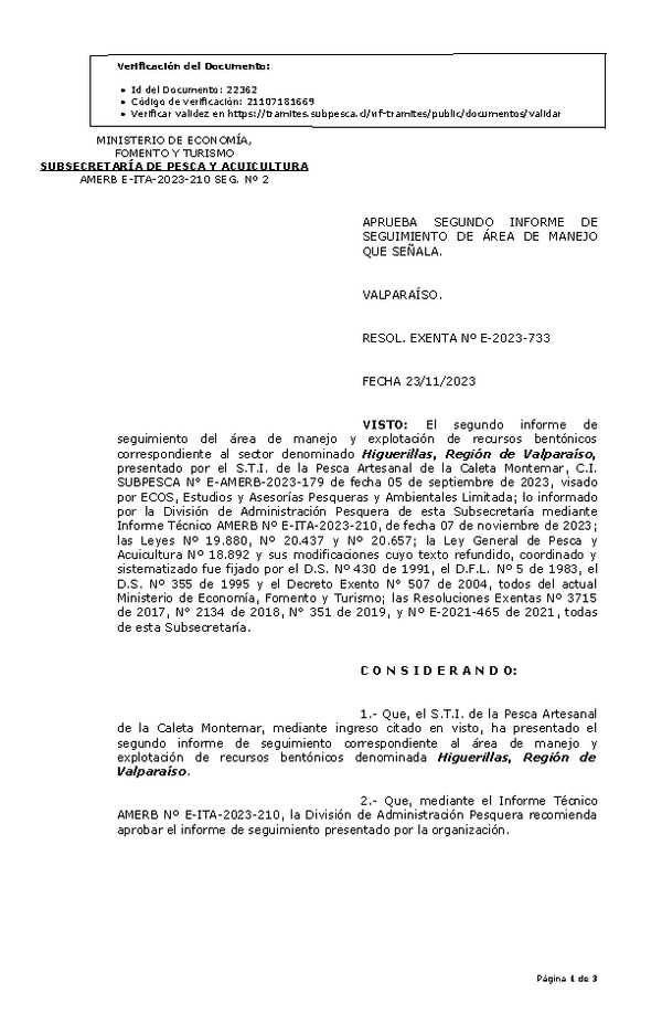 RESOL. EXENTA Nº E-2023-733 Aprueba 2° seguimiento. (Publicado en Página Web 24-11-2023)