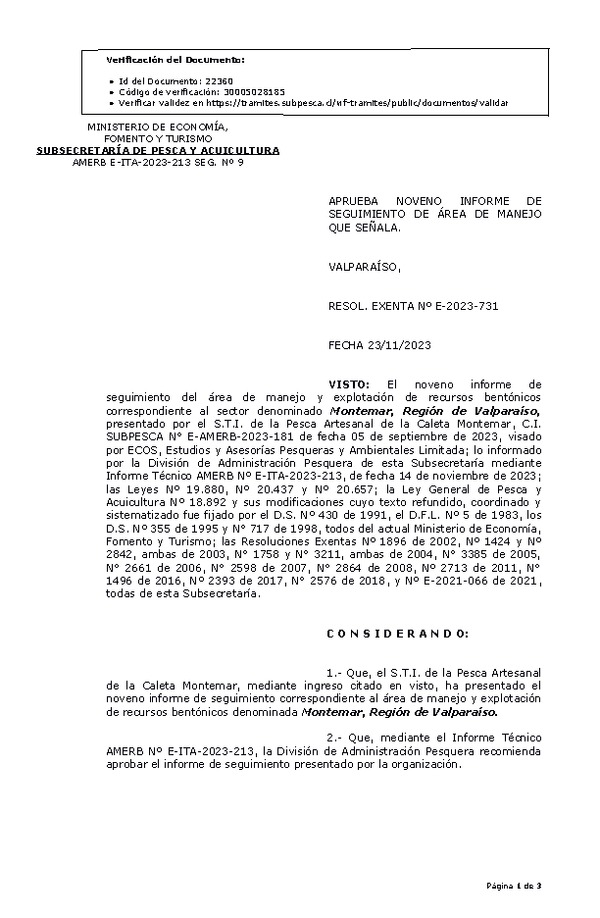 RESOL. EXENTA Nº E-2023-731 Aprueba 9° seguimiento. (Publicado en Página Web 24-11-2023)