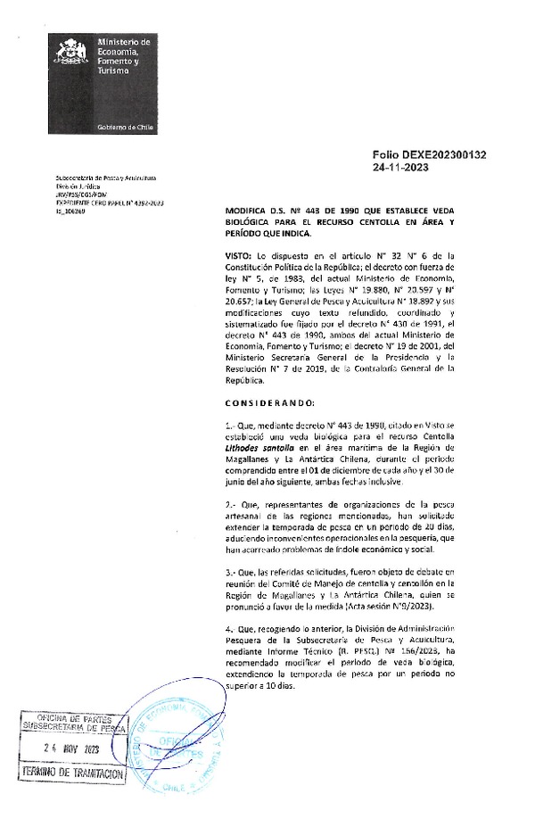 Dec. Ex. Folio N° 202300132 Modifica D.S. N° 443-1990 Veda Biológica Recurso Centolla, Región de Magallanes y La Antártica Chilena. (Publicado en Página Web 24-11-2023)