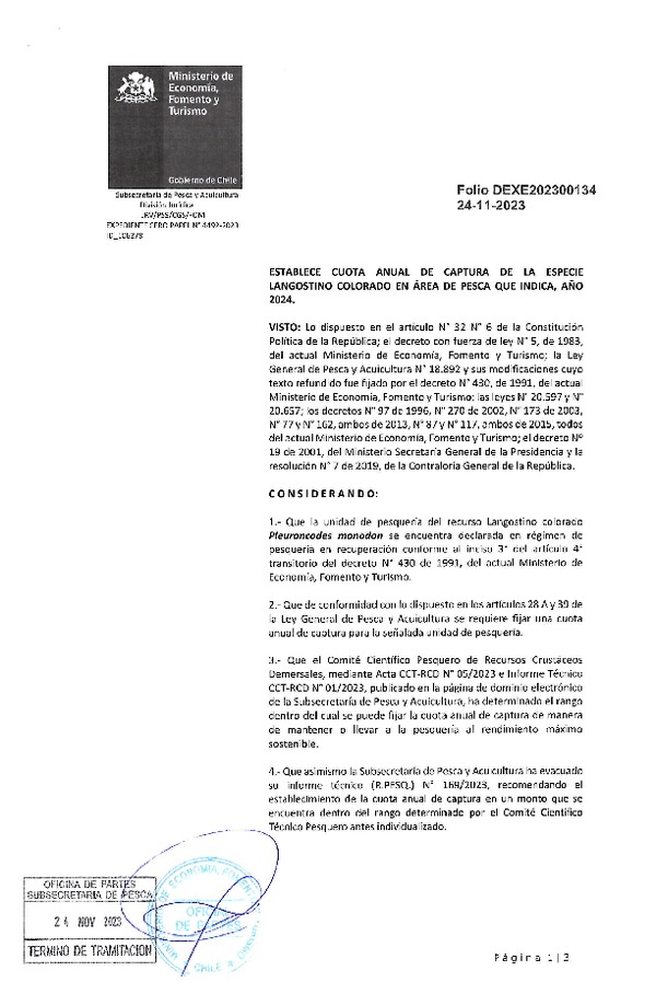 Dec. Ex. Folio 202300134 Establece Cuota Anual de Captura de la Especie Langostino Colorado en Área de Pesca que Indica, Año 2024. (Publicado en Página Web 24-11-2023)