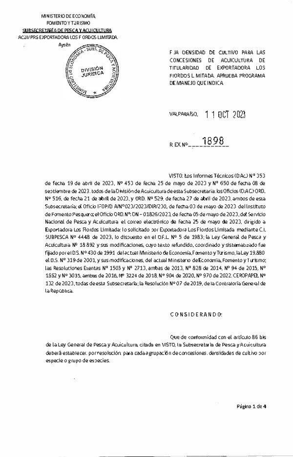 Res. Ex. N° 1898-2023 FIJA DENSIDAD DE CULTIVO PARA LAS CONCESIONES DE ACUICULTURA DE TITULARIDAD DE EXPORTADORA LOS FIORDOS LIMITADA. APRUEBA PROGRAMA DE MANEJO QUE INDICA.