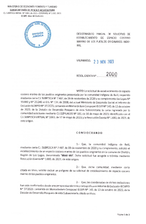 Res. Ex. N° 2000-2023 Desistimiento parcial de solicitud de establecimiento de ECMPO Wekiwil. (Publicado en Página Web 28-11-2023)