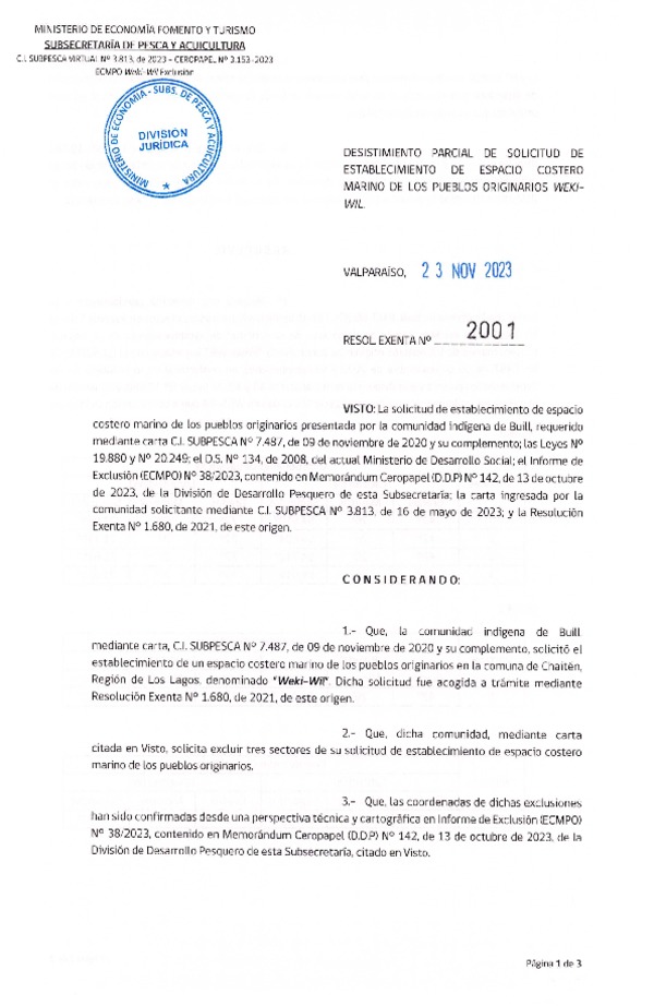 Res. Ex. N° 2001-2023 Desistimiento parcial de solicitud de establecimiento de ECMPO Weki-Wil. (Publicado en Página Web 28-11-2023)
