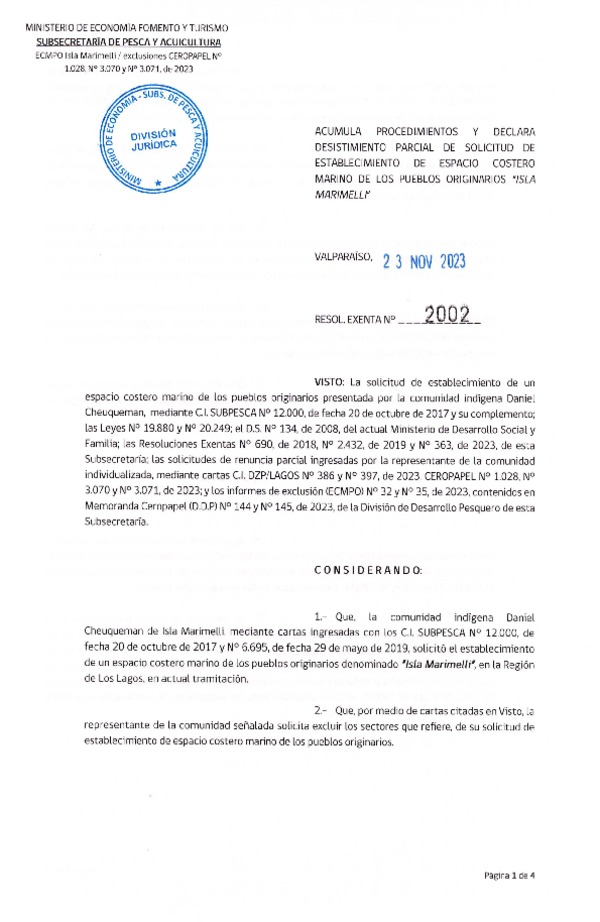 Res. Ex. N° 2002-2023 Acumula procedimiento y declara desistimiento parcial de solicitud de establecimiento de ECMPO Isla Marimelli. (Publicado en Página Web 28-11-2023)