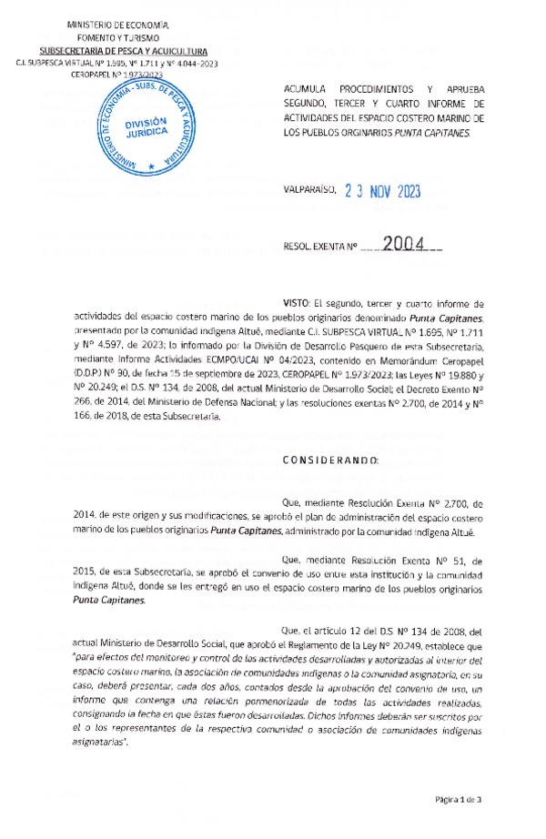 Res. Ex. N° 2004-2023 Acumula procedimientos y aprueba segundo, tercer y cuato informe de actividades de ECMPO Punta Capitanes. (Publicado en Página Web 23-11-2023)