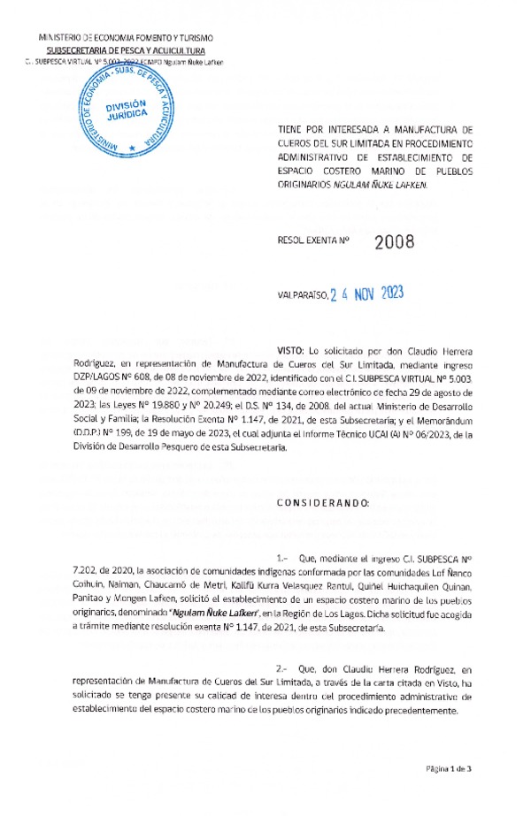  Res. Ex. N° 2008-2023 Tiene por interesada a Manufactura de Cueros del Sur Limitada en procedimiento administrativo de establecimiento de ECMPO Ngulam Ñuke Lafken. (Publicado en Página Web 23-11-2023)