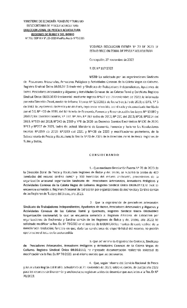 Res. Ex. N° 117-2023 (DZP Ñuble y del Biobío) Modifica Res. Ex. N° 070-2023 (DZP Ñuble y del Biobío) Autoriza cesión Sardina común y Anchoveta. (Publicado en Página Web 29-11-2023)
