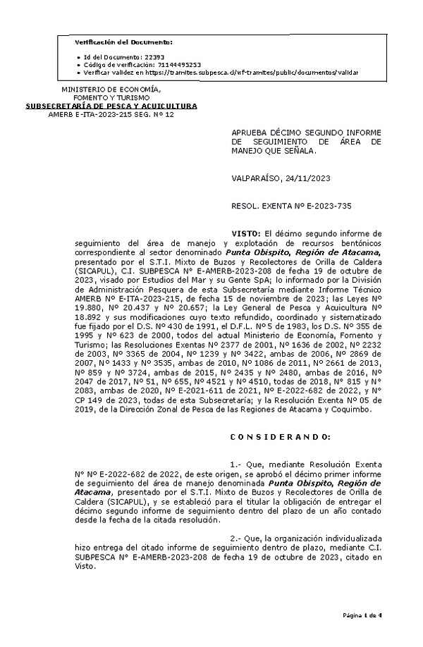 RESOL. EXENTA Nº E-2023-735 Aprueba 12° Seguimiento. (Publicado en Página Web 29-11-2023)