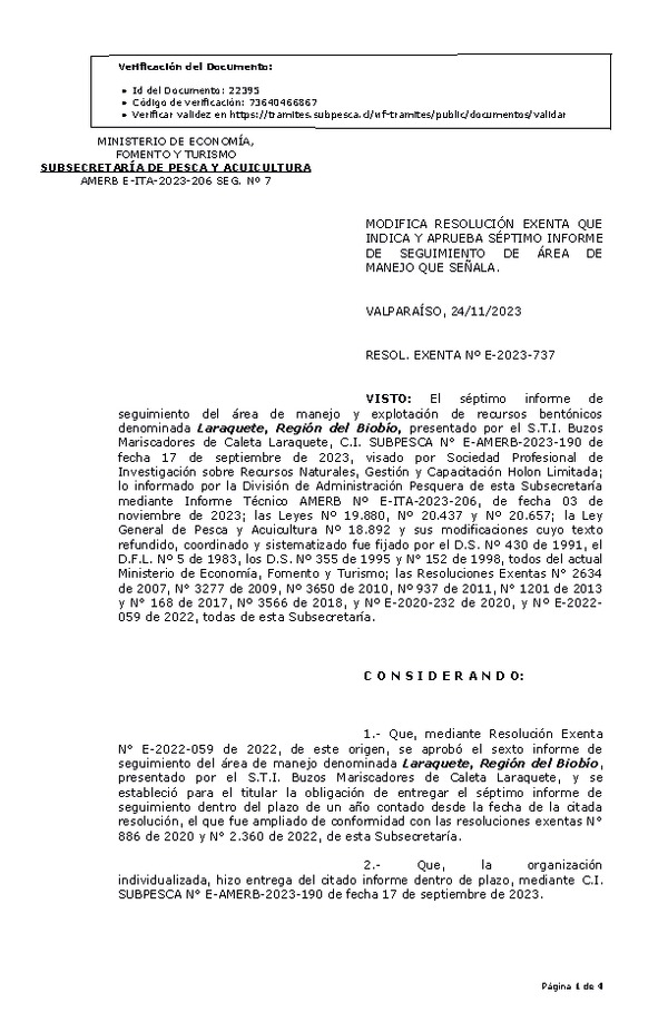 RESOL. EX. Nº E-2023-737 Modifica Resolución que Indica. Aprueba 7° Seguimiento. (Publicado en Página Web 29-11-2023)