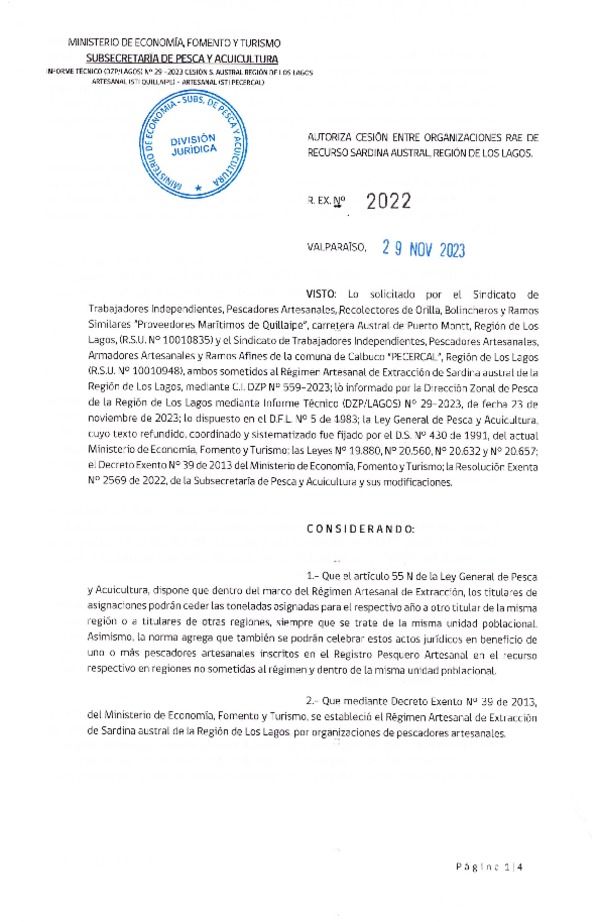 Res. Ex. N° 2022-2023 Autoriza cesión sardina austral Región de Los Lagos. (Publicado en Página Web 30-11-2023)
