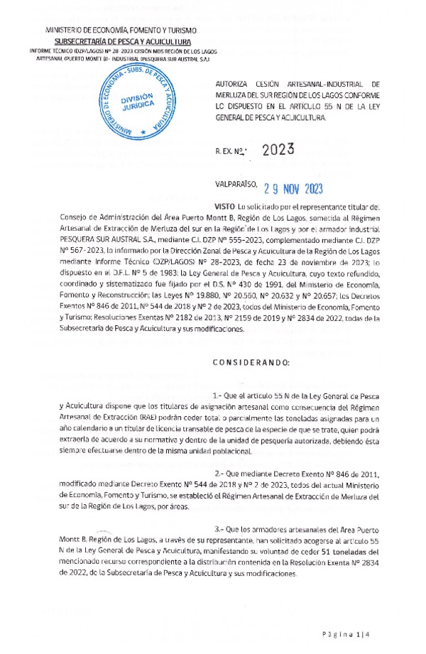 Res. Ex N° 2023-2023, Autoriza Cesión de Merluza del Sur Región de Los Lagos. (Publicado en Página Web 30-11-2023).