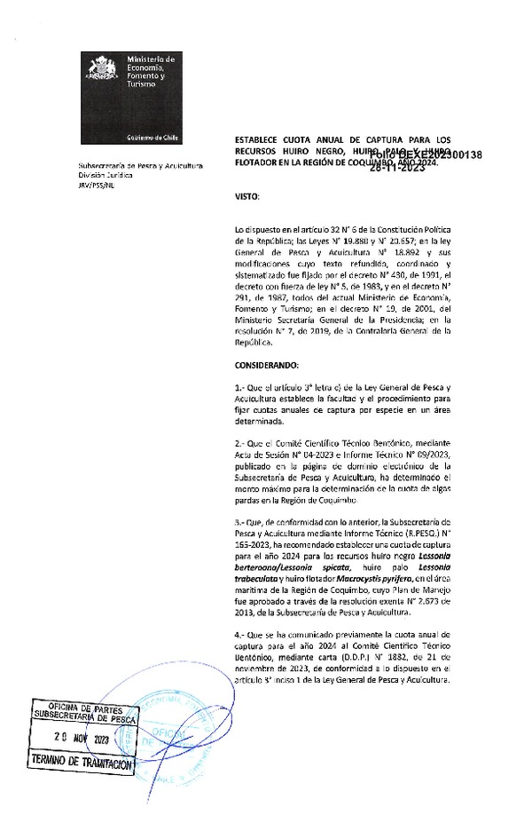 Dec. Ex. Folio 202300138 Establece Cuota Anual de Captura para los Recursos Huiro Negro, Huiro Palo y Huiro Flotador, en la Región de Coquimbo, Año 2024. (Publicado en Página Web 30-11-2023)