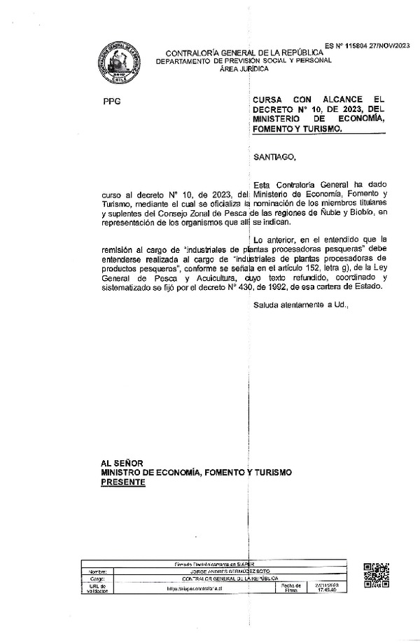 D.S. N° 10-2023 Oficializa Nominación de Miembros Titulares y Suplentes del Consejo Zonal de Pesca de las Regiones de Ñuble y Biobío. (Publicado en Página Web 30-11-2023) (F.D.O. 07-12-2023)