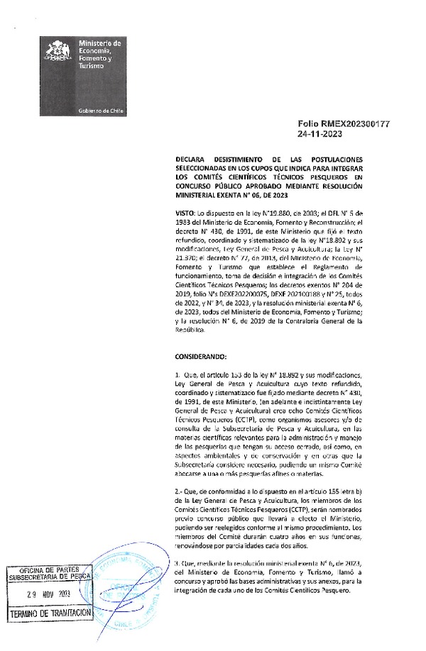 Dec. Ex. Folio 202300177 Declara Desistimiento de las Postulaciones Seleccionadas en los Cupos que Indica Para Integrar los Comités Científicos Técnicos Pesqueros en Concurso Público Aprobado Mediante Resolución Ministerial Ex. N° 06-2023. (Publicado en Página Web 30-11-2023)