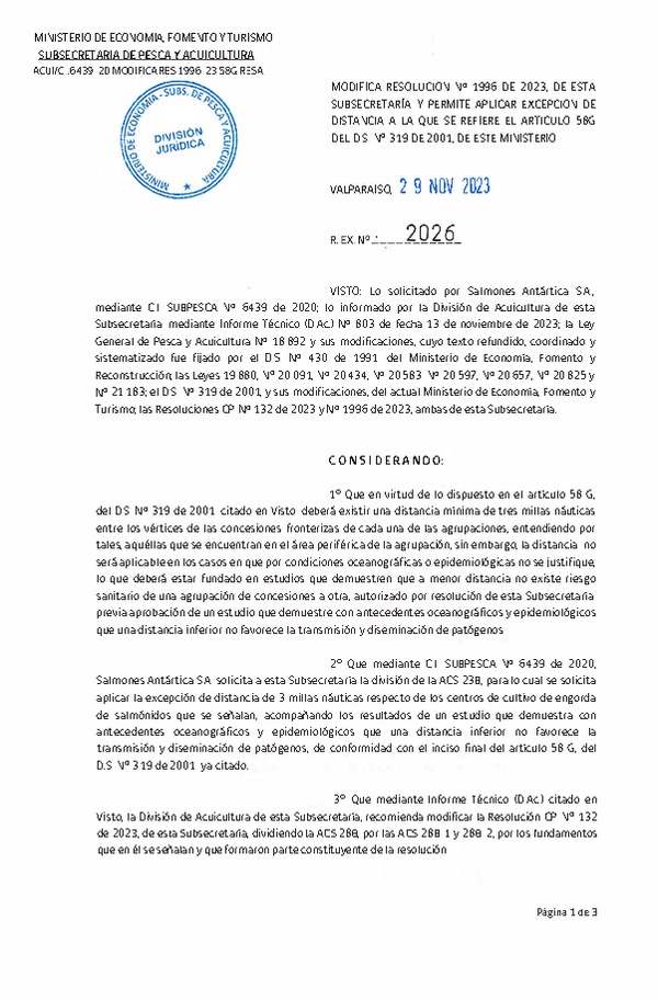 Res. Ex. N° 2026-2023 Modifica Res. Ex. N° 1996-2023 que Modificó Res. Ex. N° 00132-2023 Actualiza y Reemplaza Resolución que Establece Agrupaciones de Concesiones de Acuicultura de Salmónidos en Regiones que Indica. Deja sin Efecto Resolución que Señala. (Publicado en Página Web 30-11-2023) (F.D.O. 09-12-2023)